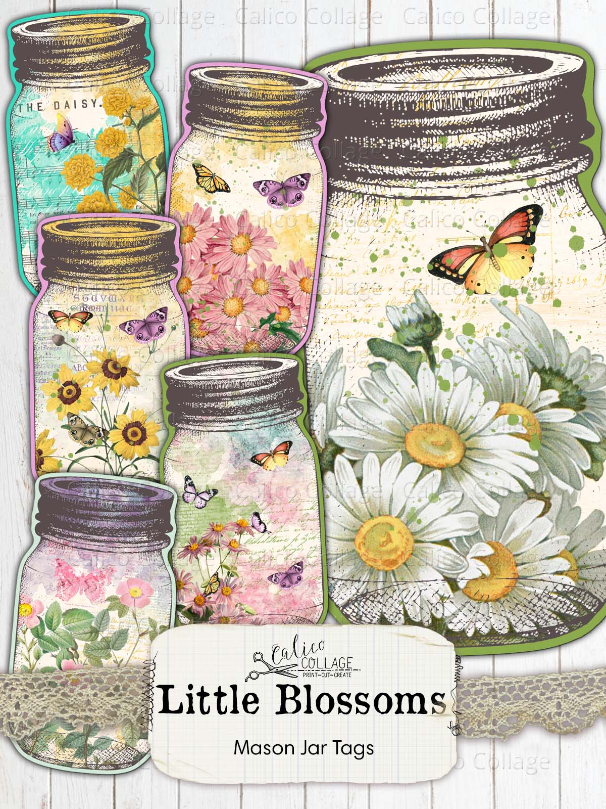 Daisy Mason Jar Tags Junk Journal Printables, Little Blossoms