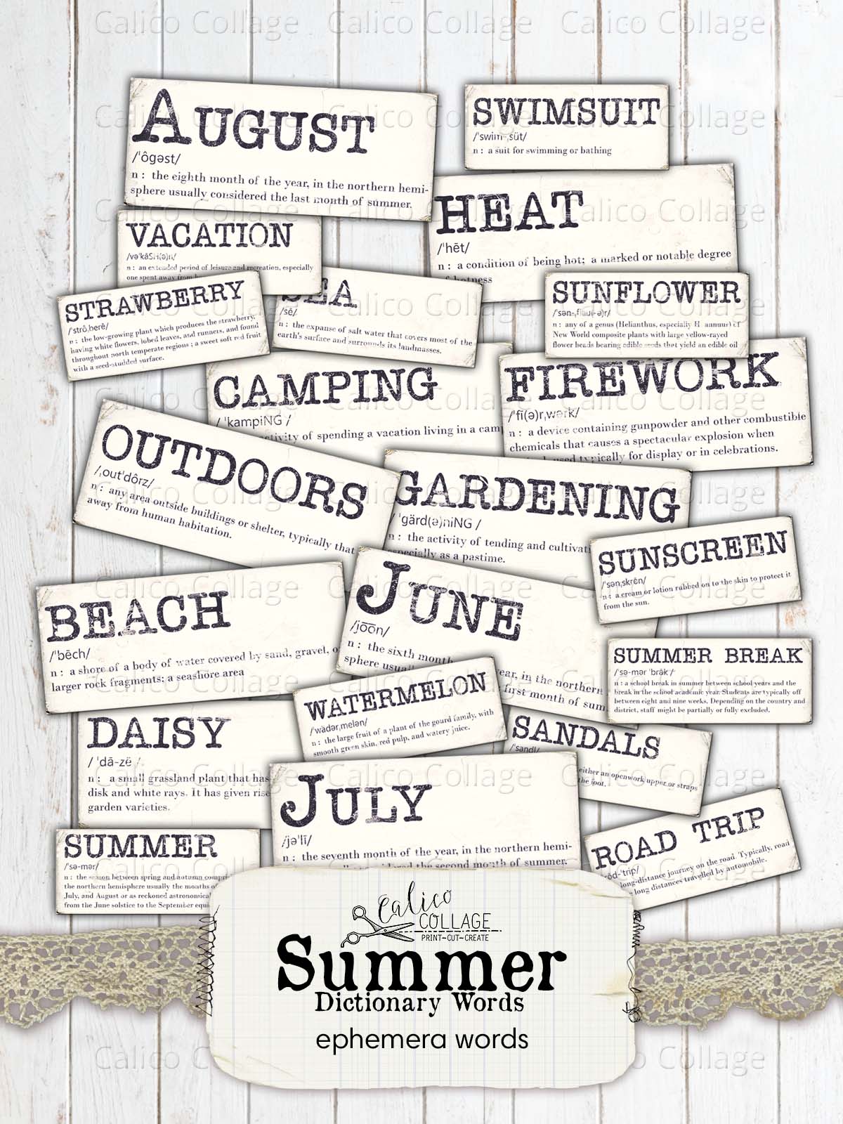 Summer Dictionery Words, Junk Journal Printable