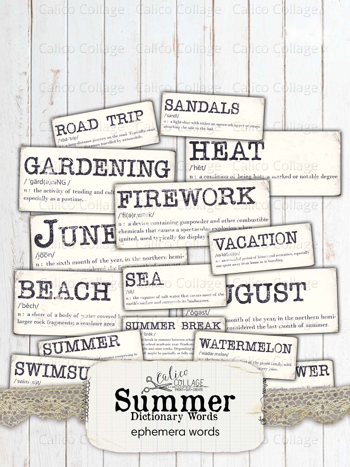 Summer Dictionery Words, Junk Journal Printable