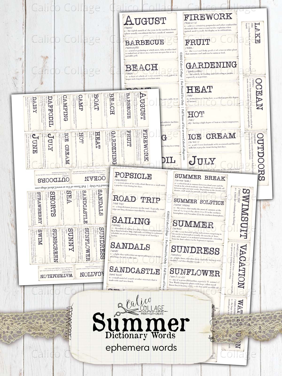 Summer Dictionery Words, Junk Journal Printable