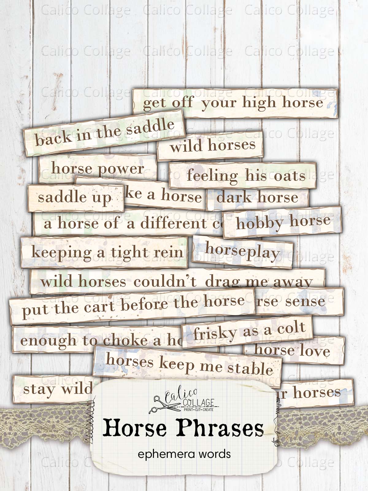 Horse Junk Journal Ephemera Words, Junk Journal Printable