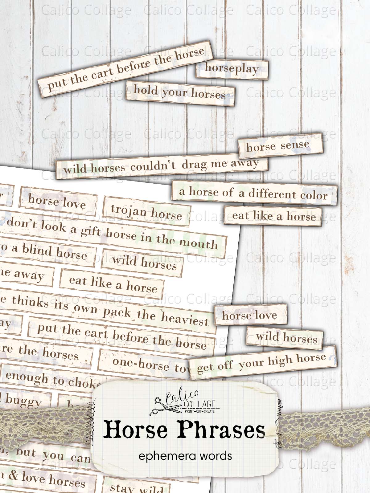 Horse Junk Journal Ephemera Words, Junk Journal Printable