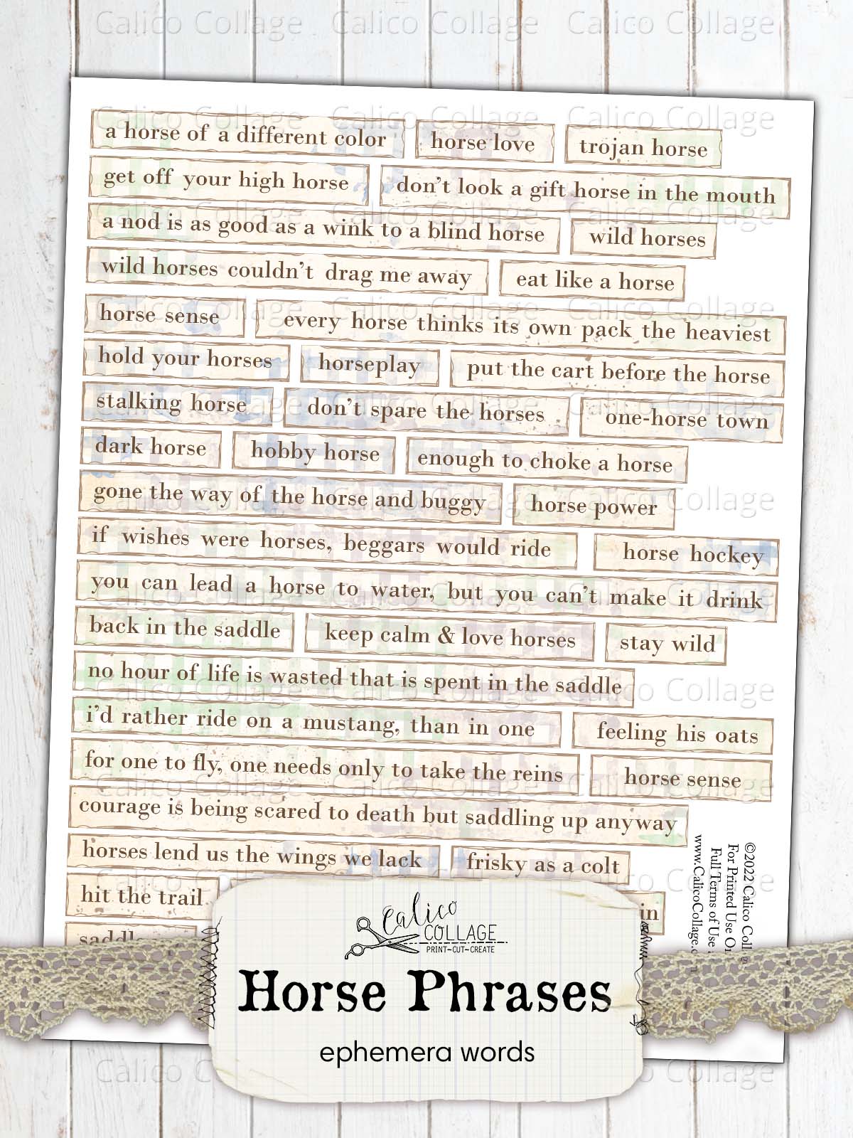 Horse Junk Journal Ephemera Words, Junk Journal Printable