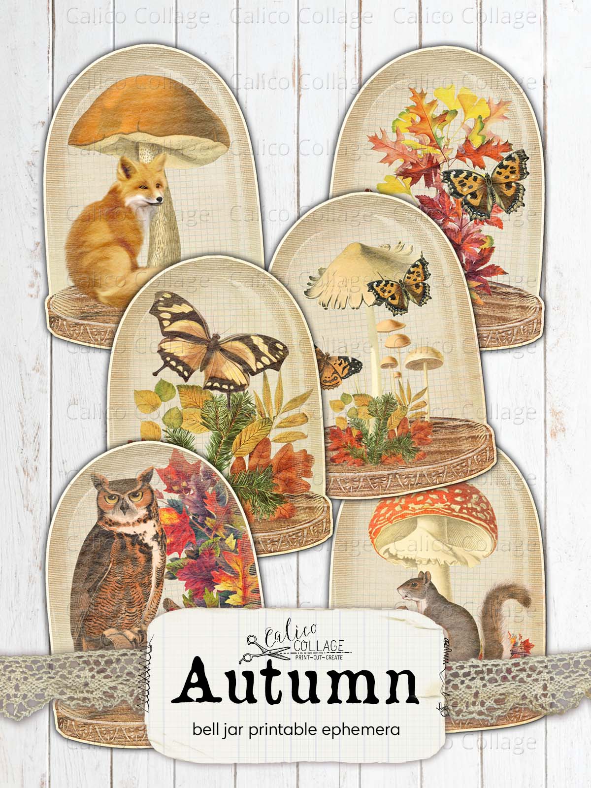 Autumn Bell Jar Tags, Junk Journal Printable Ephemera