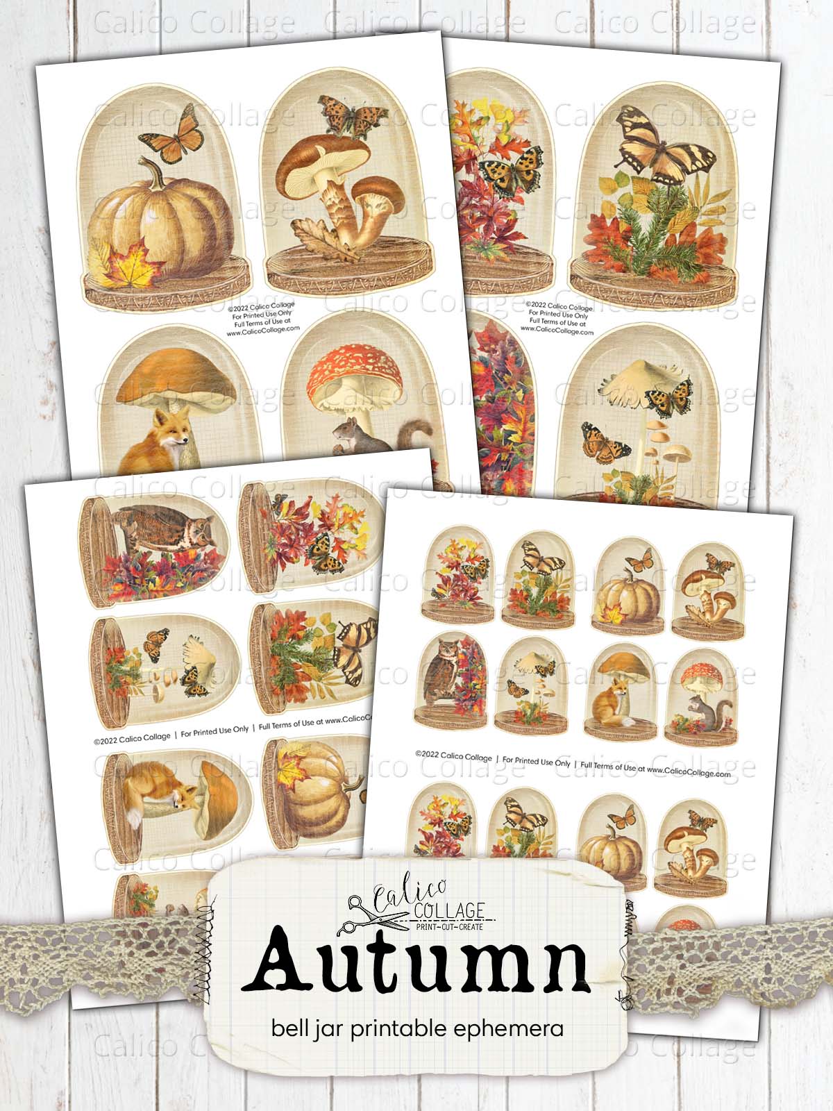 Autumn Bell Jar Tags, Junk Journal Printable Ephemera