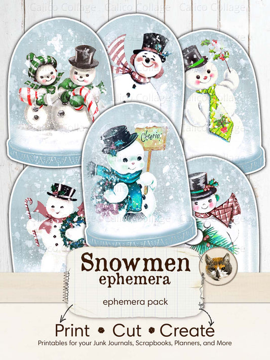 Printable Snowmen Snow Globes Ephemera for Junk Journaling