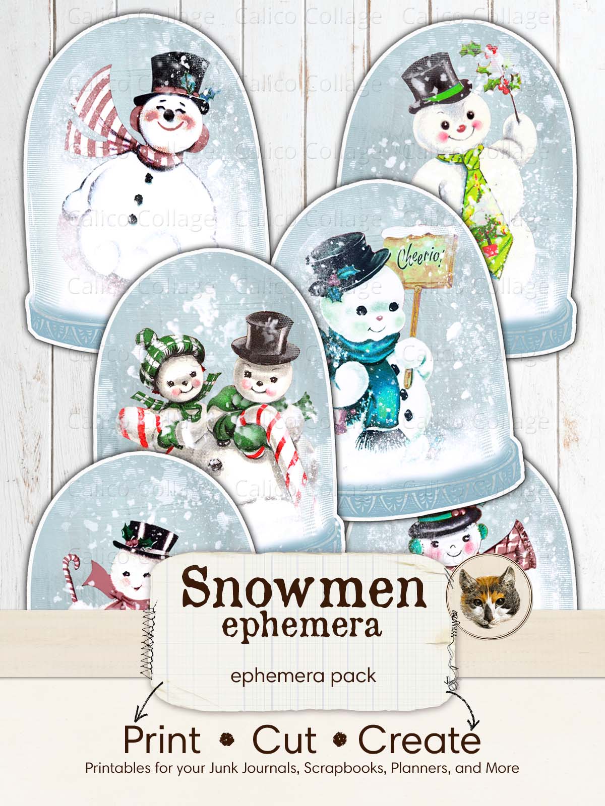 Printable Snowmen Snow Globes Ephemera for Junk Journaling