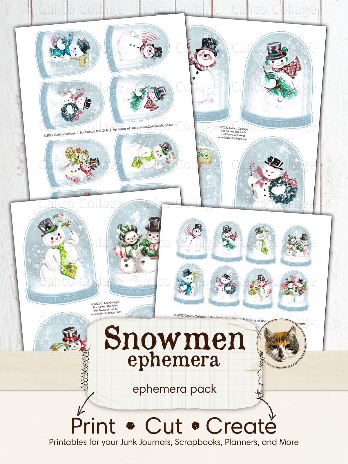 Printable Snowmen Snow Globes Ephemera for Junk Journaling