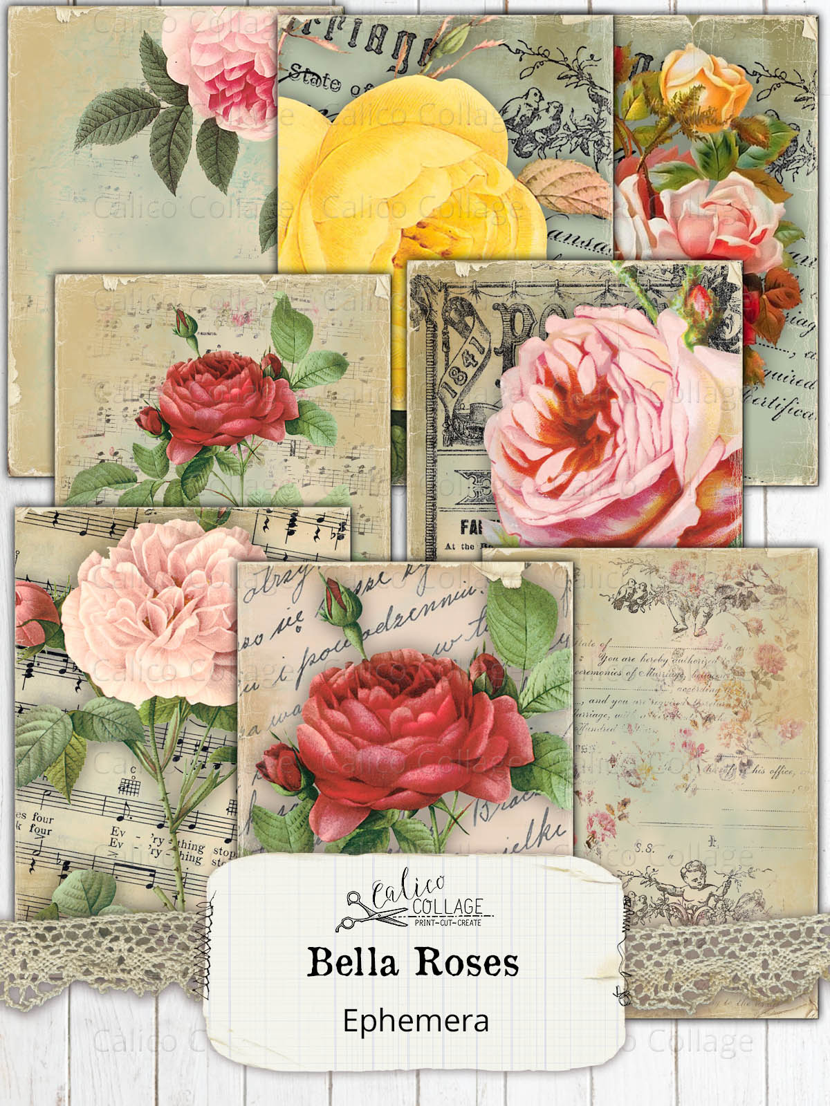 Bella Roses Junk Journal Ephemera Cards