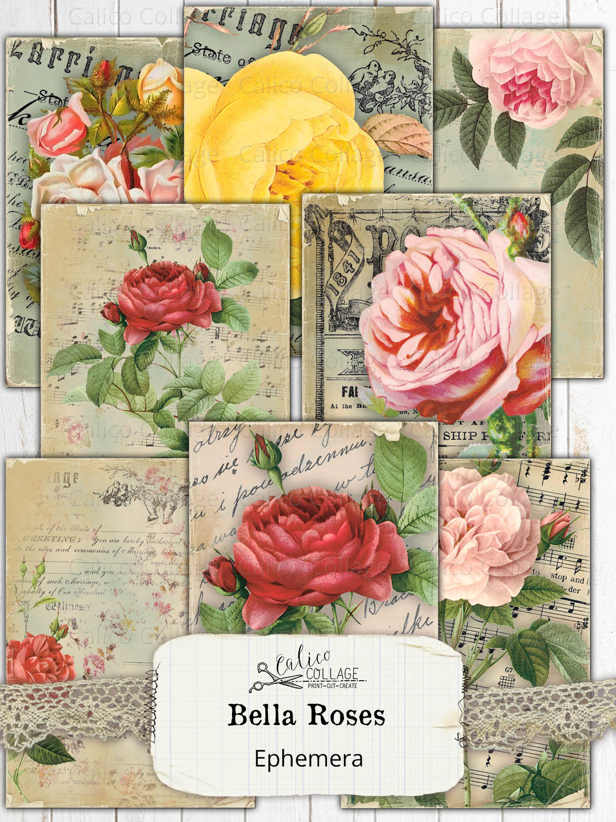 Bella Roses Junk Journal Ephemera Cards