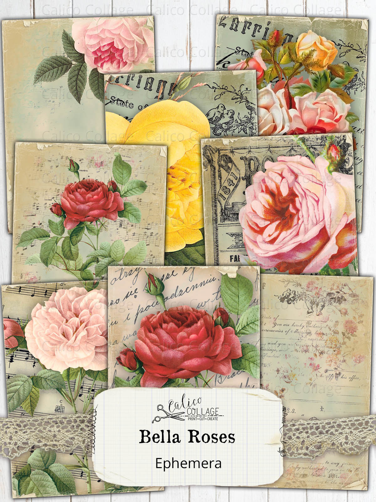 Bella Roses Junk Journal Ephemera Cards