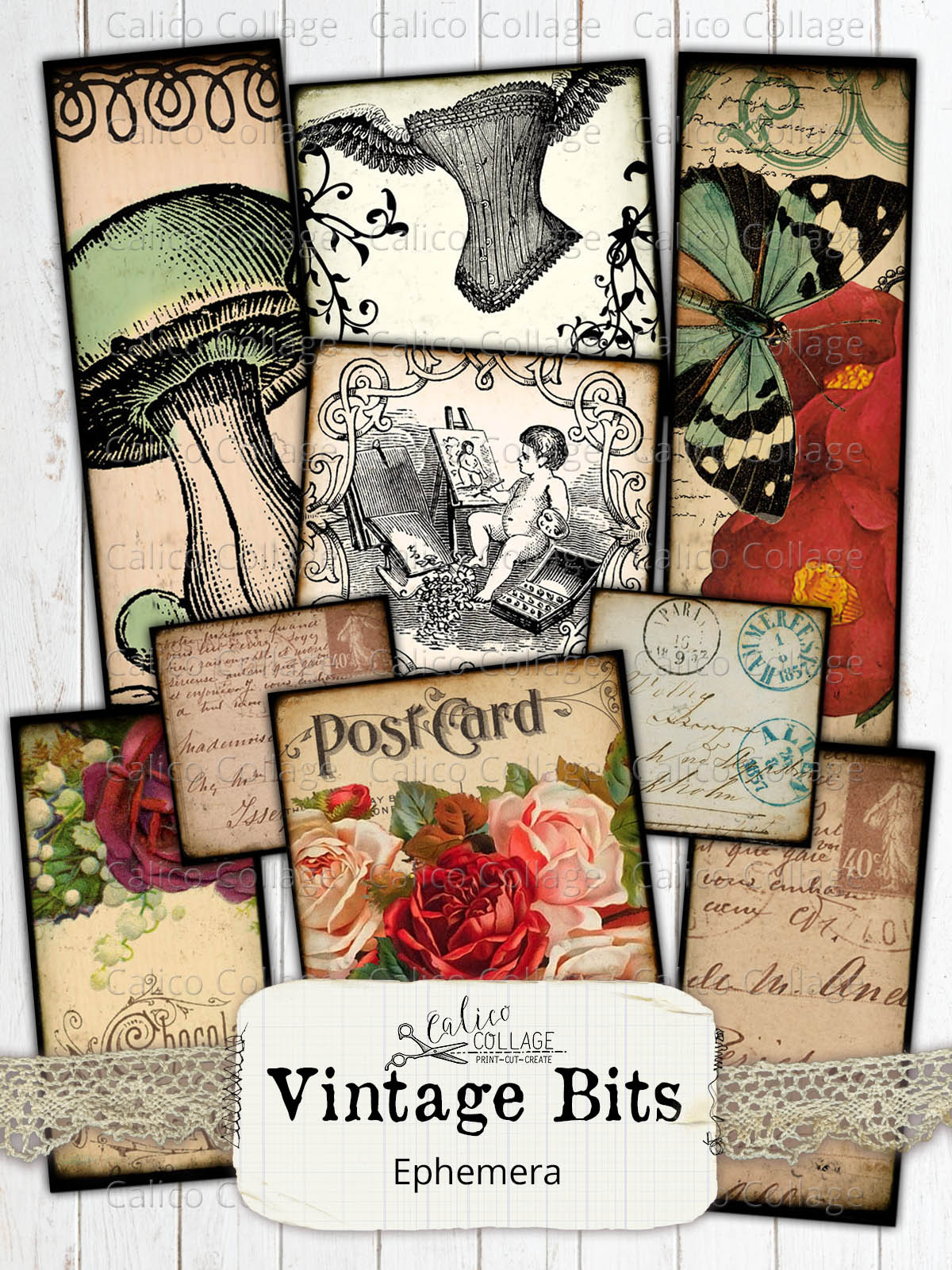 Vintage Bits Digital Collage Sheets, Small Ephemera Pack