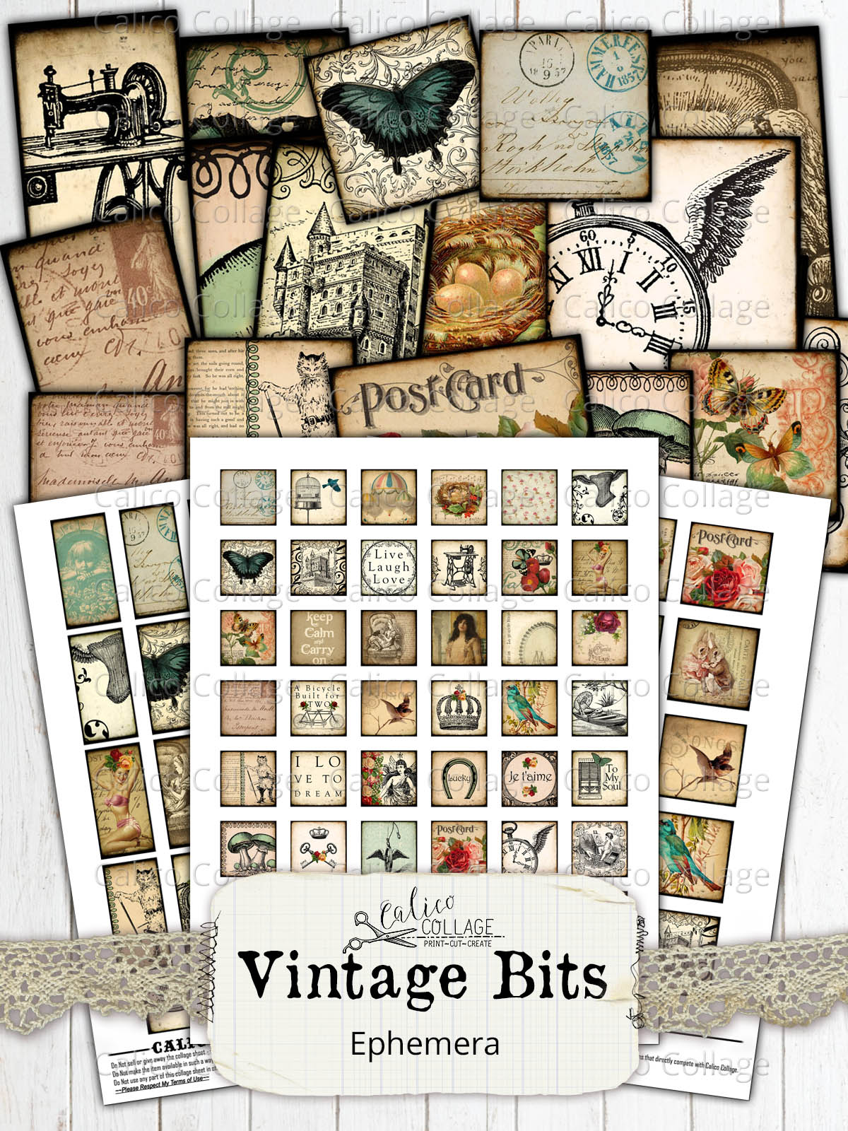 PAPER BITS Digital Printable Collage Sheet Vintage Postcards, Antique Maps,  Old Book Pages & Ephemera, 1 X 2 Tiles, Instant Download 