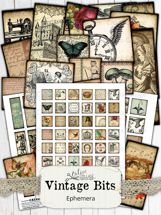 Vintage Bits Digital Collage Sheets, Small Ephemera Pack