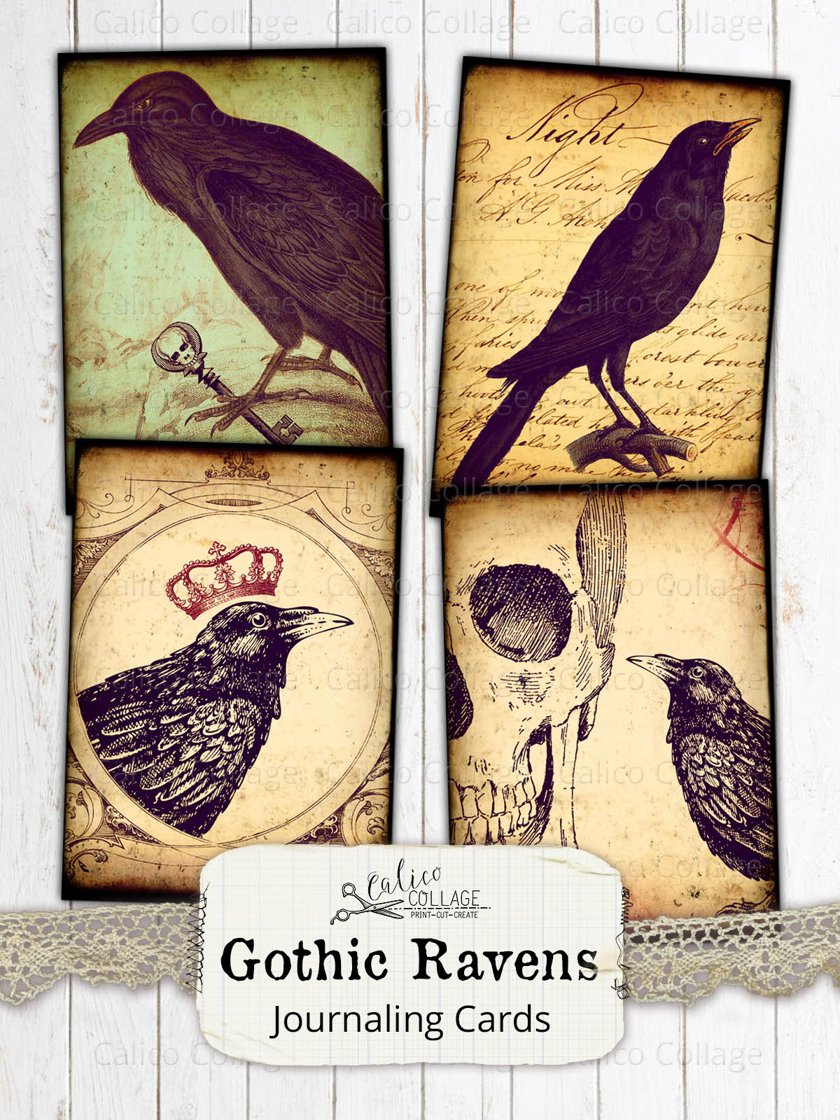 Gothic Raven Junk Journal Ephemera Cards, Junk Journal Supplies