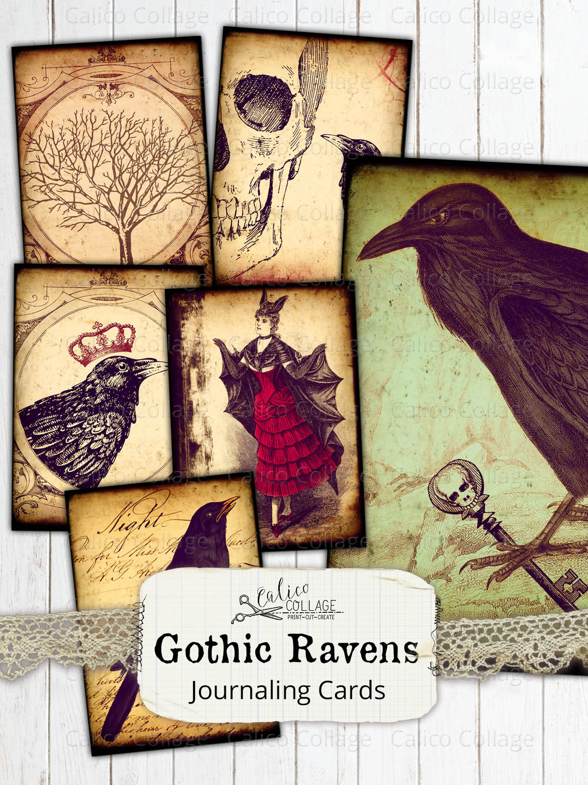 Gothic Raven Junk Journal Ephemera Cards, Junk Journal Supplies