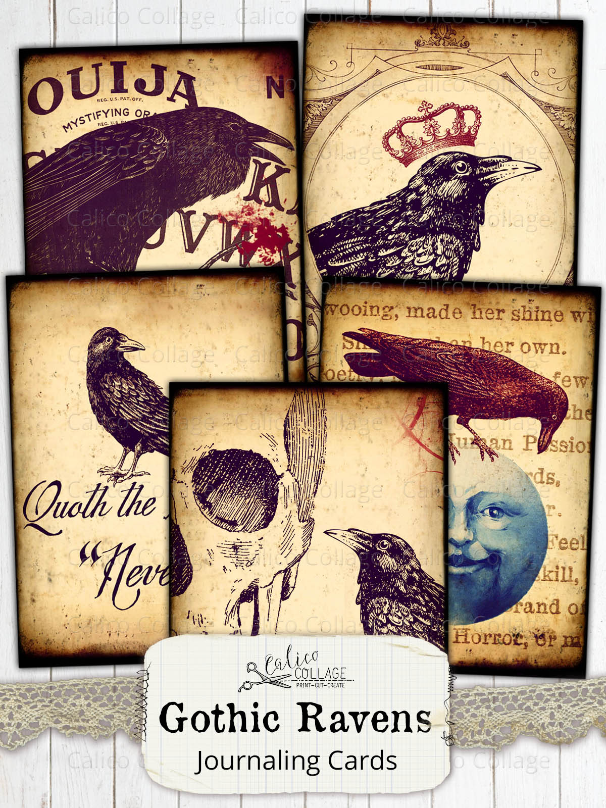 Gothic Raven Junk Journal Ephemera Cards, Junk Journal Supplies