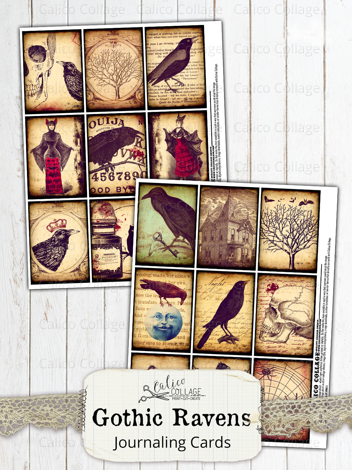 Gothic Raven Junk Journal Ephemera Cards, Junk Journal Supplies